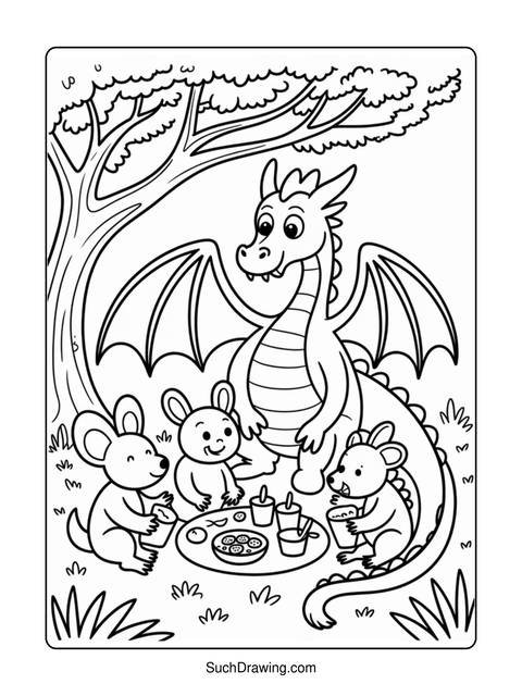 A dragon and three mice having a picnic under a tree