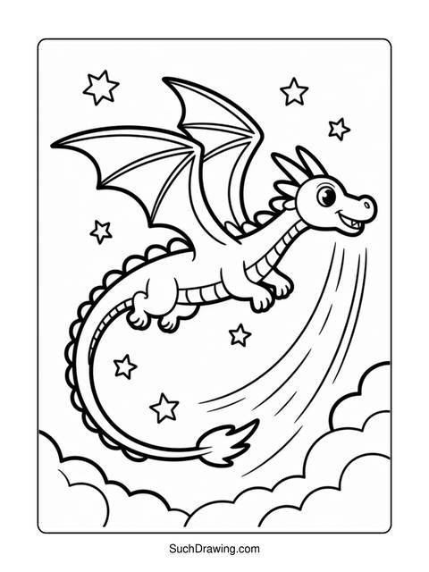 Line art of a cartoon dragon flying with stars and clouds around it
