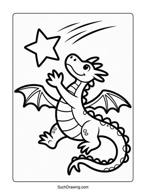 A cartoon dragon reaching for a star, depicted in a black and white outline