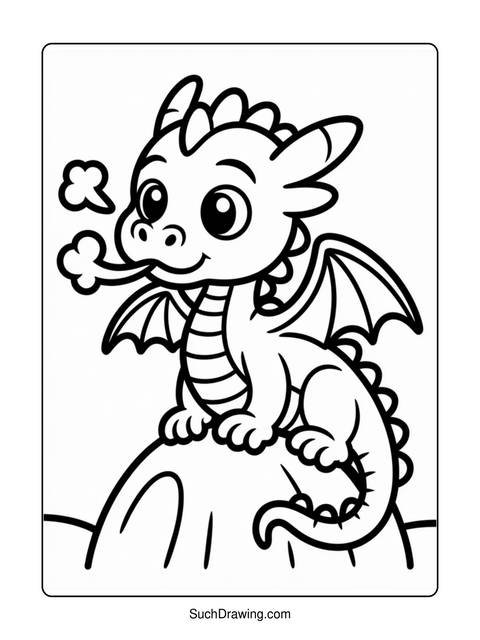 A cute cartoon dragon exhaling smoke, sitting on a rock, ready to color