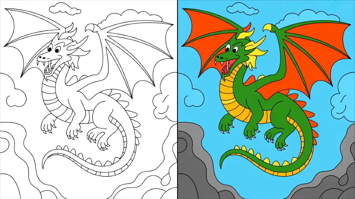 Dragon coloring page: a green dragon with orange wings flying in the sky