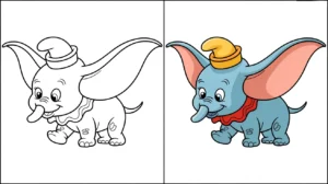 Two-panel image: dumbo the elephant coloring page and colored version