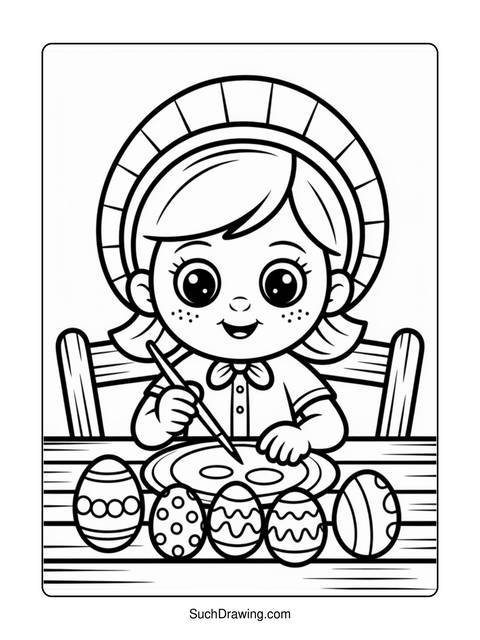 Coloring page of a girl painting easter eggs at a table