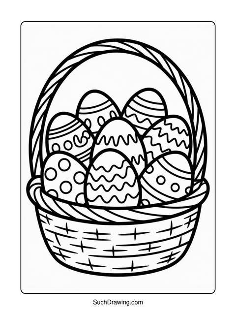 Black and white coloring page of a basket filled with decorated easter eggs