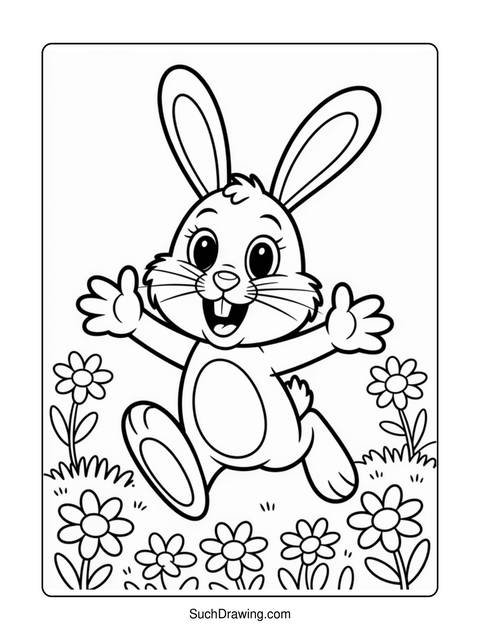 A black and white coloring page of a happy bunny with flowers