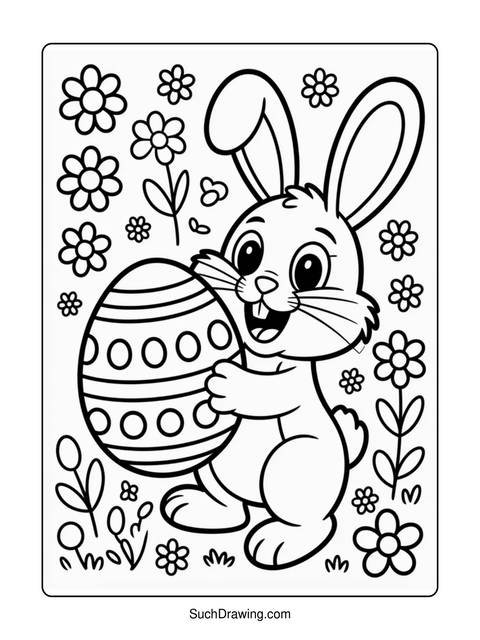 Black and white coloring page of an easter bunny holding an egg