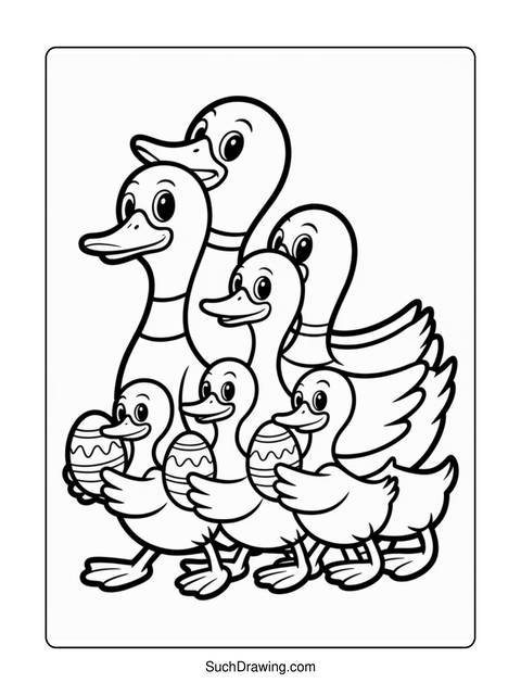 Black and white coloring page of ducks holding easter eggs, ready to color