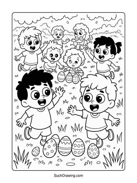A coloring page depicting children playing with easter eggs in a field