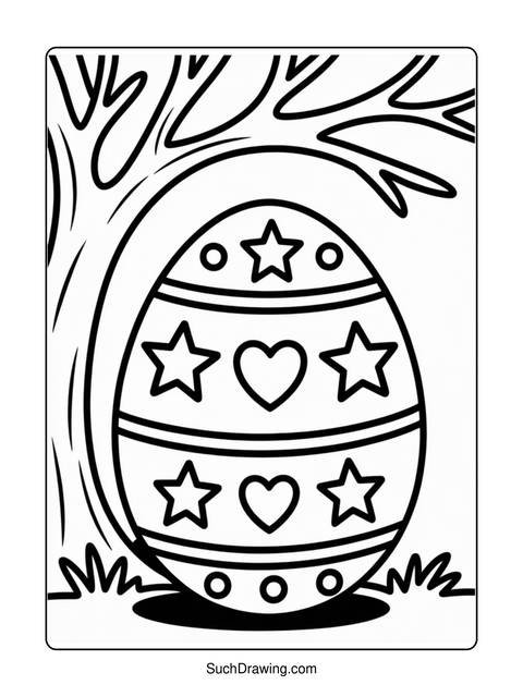 Black and white easter egg coloring page with stars, hearts, and tree