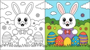 Easter coloring page featuring a bunny with decorated eggs and flowers in a field