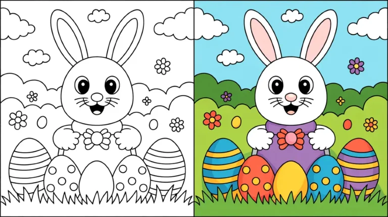 Easter coloring page featuring a bunny with decorated eggs and flowers in a field