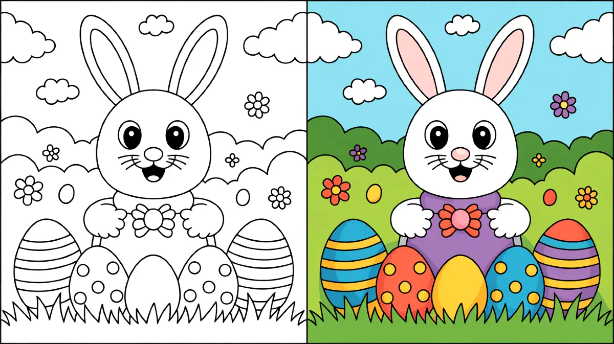 Easter coloring page featuring a bunny with decorated eggs and flowers in a field