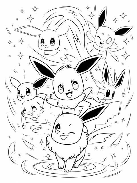 Eevee evolutions in a mystical scene, a coloring page with multiple characters