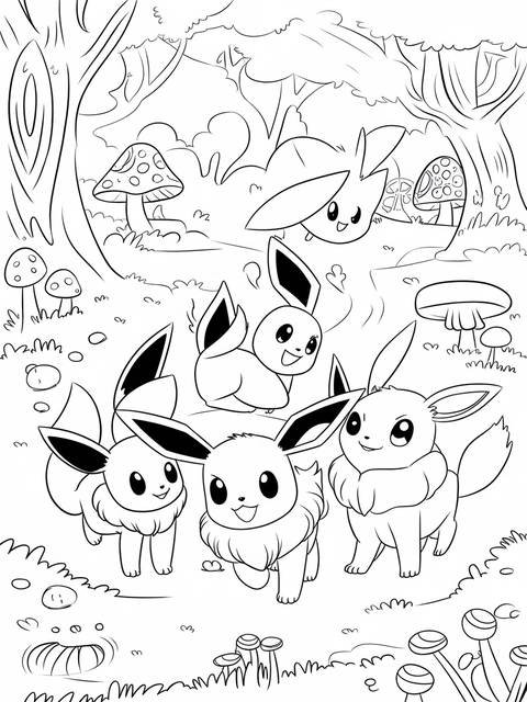 Line art of eevee and its evolutions in a forest scene, ready for coloring