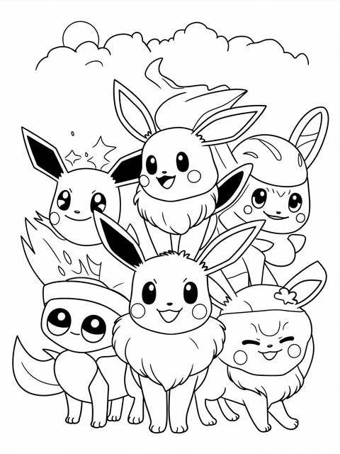 Black and white coloring page featuring multiple eevee evolutions, ready to color