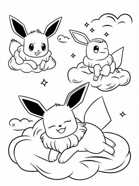 Eevee evolutions coloring page featuring three eevees relaxing on fluffy clouds