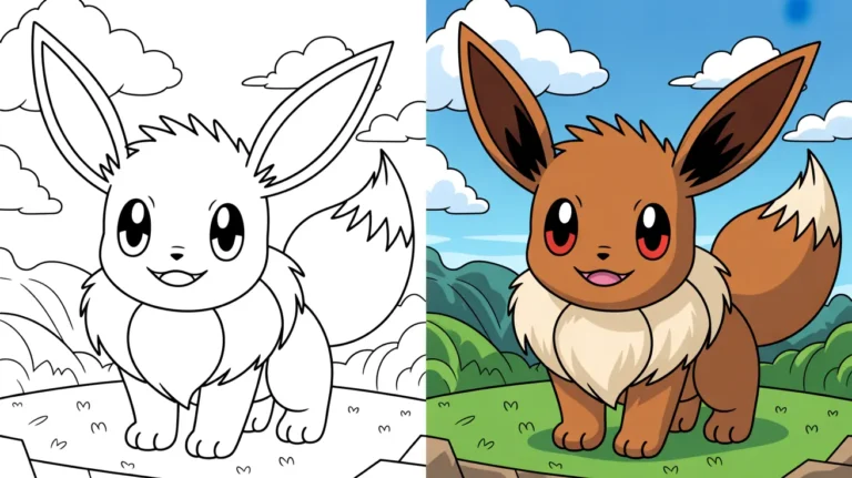 Eevee coloring page featuring a brown and white pokemon, ready to color