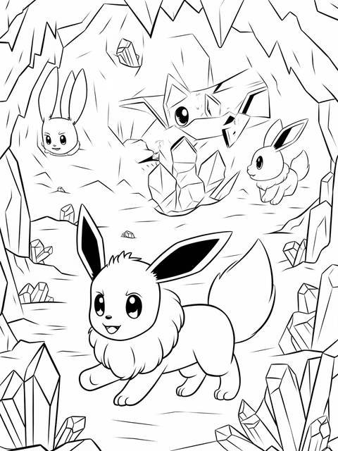 Eevee exploring a magical cave, part of the eevee evolutions series, surrounded by crystals