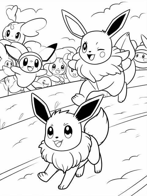 Line art of eevee and its evolutions, ready for coloring and participation