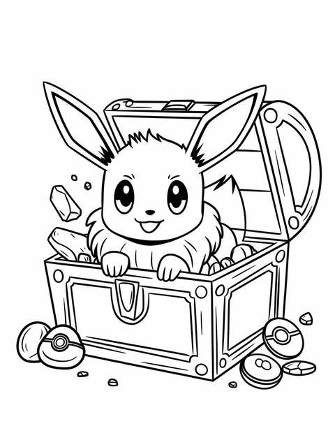 Eevee peeking out of a treasure chest, surrounded by poke balls and gems