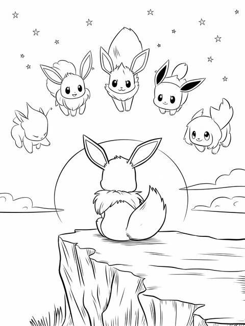 Eevee sitting atop a cliff with its evolutions, a coloring page design
