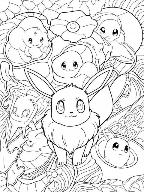 Line art coloring page featuring eevee surrounded by various eevee evolutions