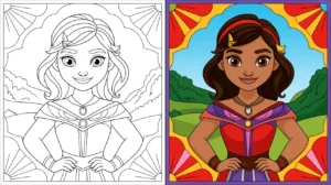 Elena of avalor coloring page: a smiling princess with a detailed outfit