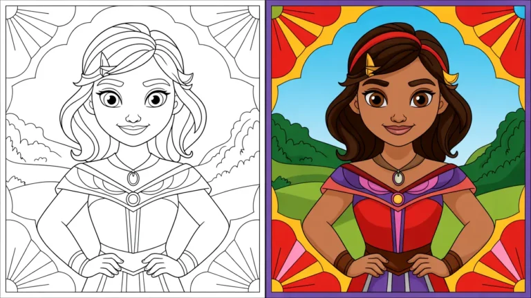Elena of avalor coloring page: a smiling princess with a detailed outfit