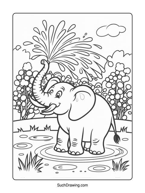 An elephant spraying water from its trunk in a pond, surrounded by vegetation
