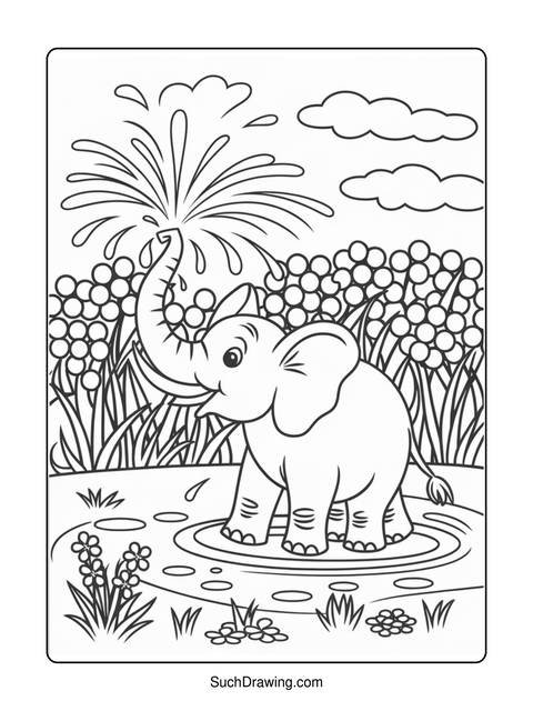 Line art of an elephant spraying water from its trunk in a pond