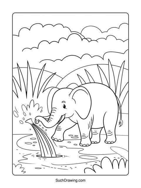 An elephant spraying water from its trunk in a pond, coloring page