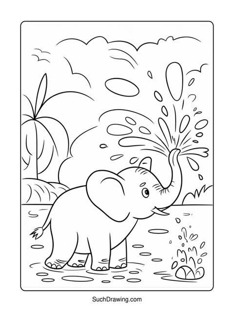 Line drawing of an elephant spraying water from its trunk, outdoors