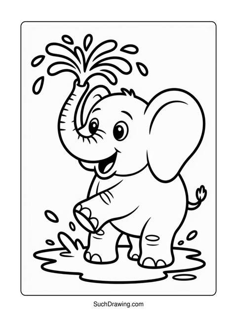 Line drawing of a happy elephant spraying water from its trunk