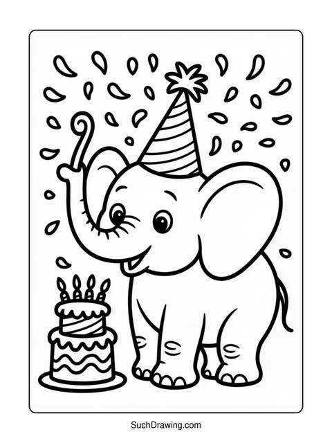 Line art of an elephant wearing a party hat and a birthday cake