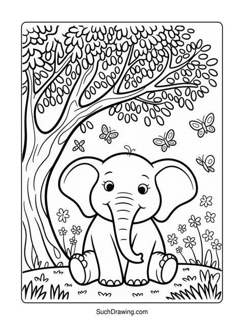 Line art of a baby elephant sitting under a tree with butterflies and flowers