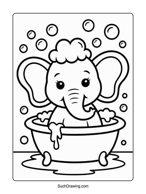 Line drawing of an elephant in a bathtub with bubbles all around
