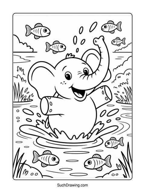 A happy elephant splashing in water, surrounded by fish, a coloring page