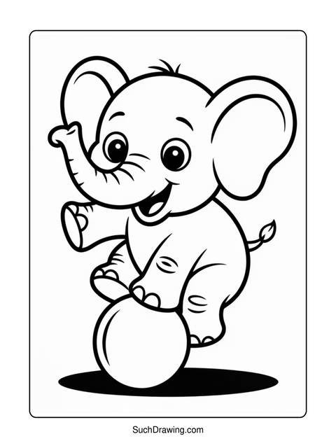 Line drawing of a smiling baby elephant balancing on a ball