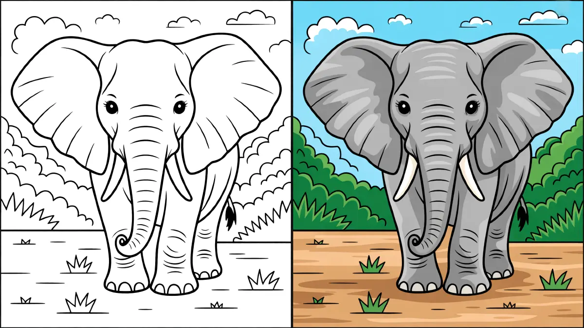 Elephant coloring page: a large elephant with tusks and large ears
