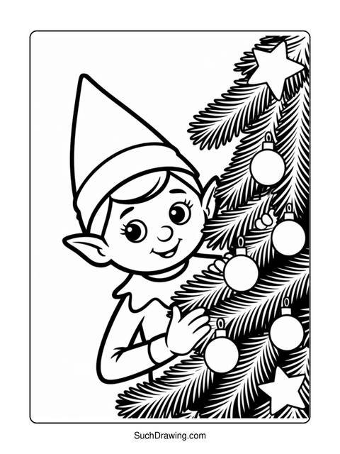 Black and white coloring page of an elf decorating a christmas tree