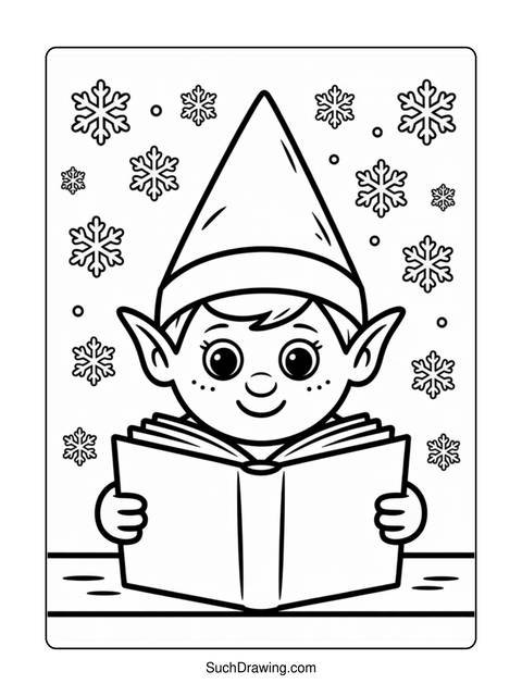 A coloring page of an elf reading a book surrounded by snowflakes