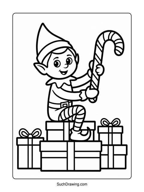 Line drawing of a christmas elf holding a candy cane, sitting on gifts