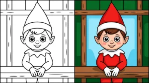Elf on the shelf coloring page, featuring an elf with a red hat