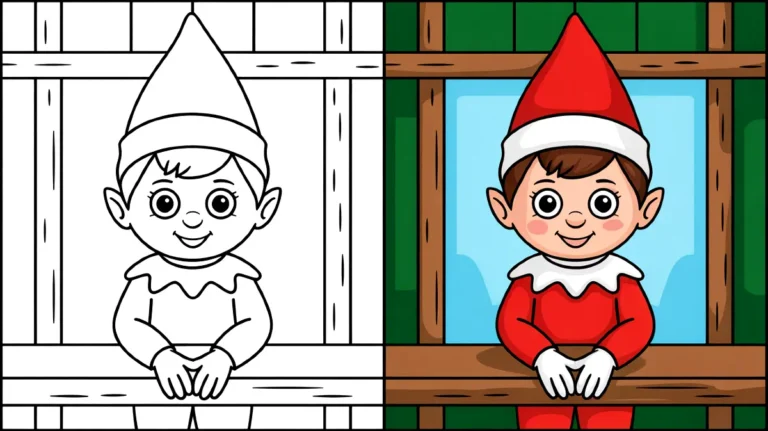 Elf on the shelf coloring page, featuring an elf with a red hat