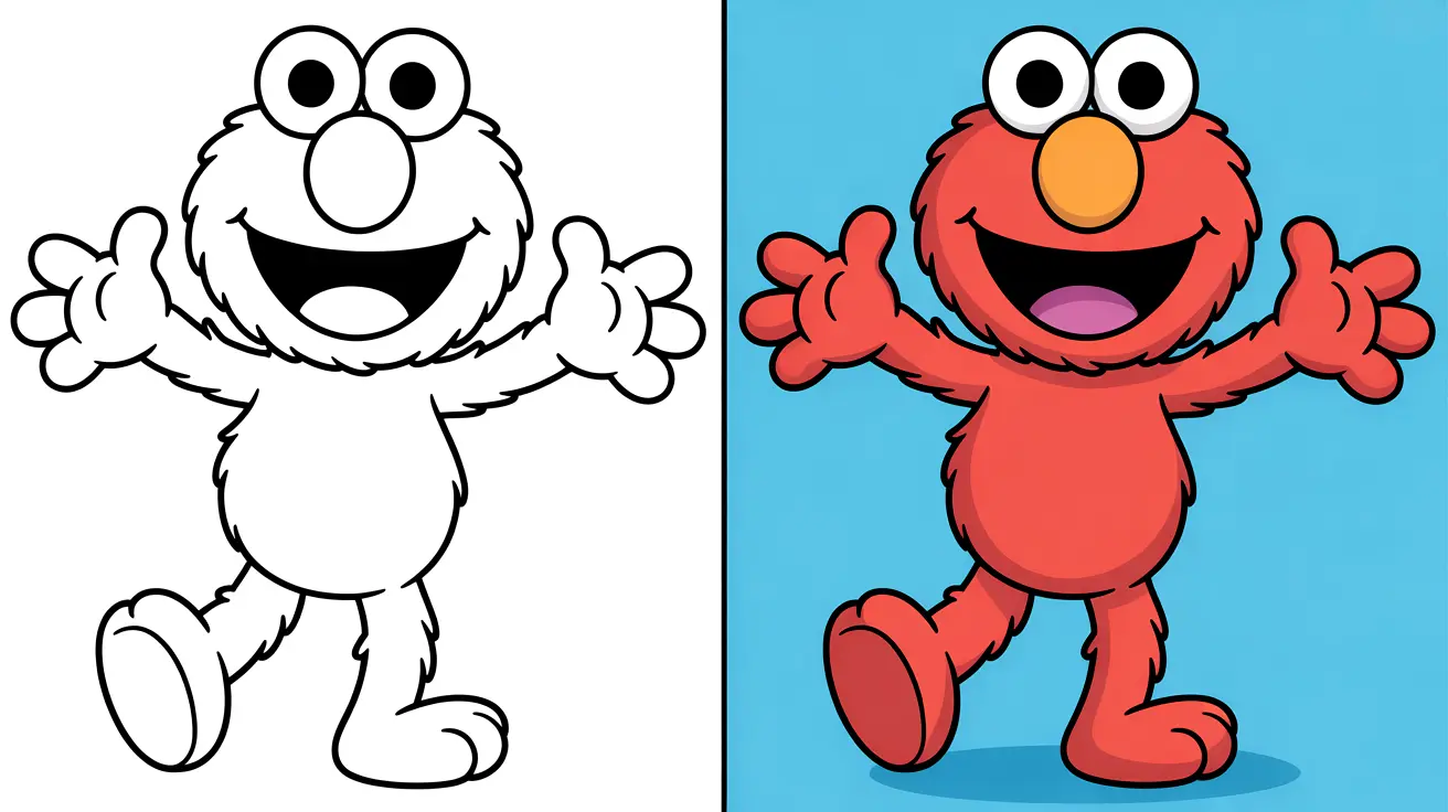 Two-panel image: elmo coloring page and finished illustration, from elmo coloring pages