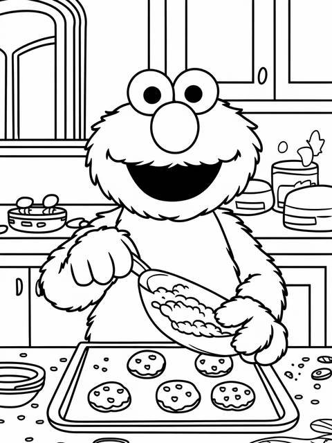 Elmo, from sesame street, baking cookies in a kitchen, scooping dough onto tray