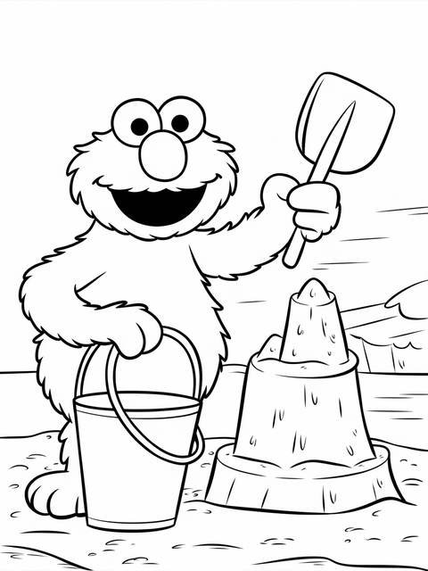 Elmo building a sandcastle at the beach with a bucket and shovel