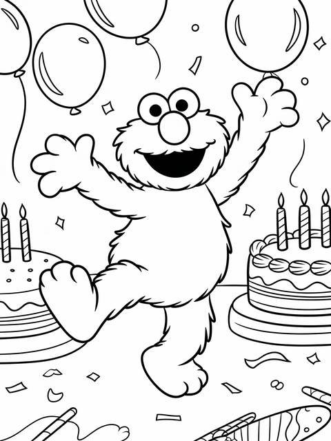 Elmo dancing happily at a birthday celebration with balloons and cake
