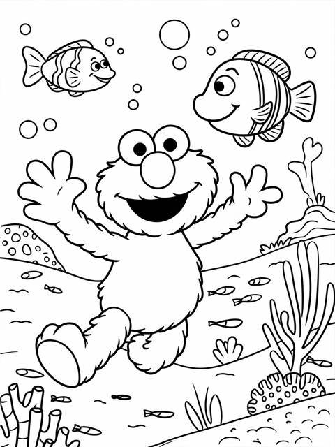 Elmo exploring underwater with fish and bubbles, a coloring page illustration