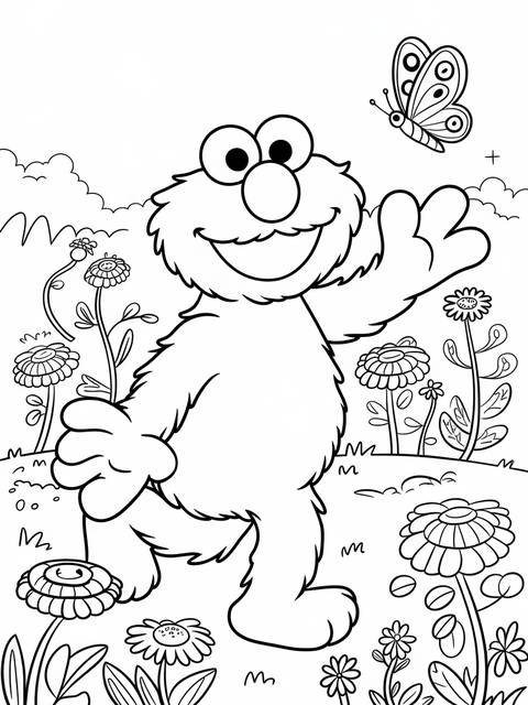 Elmo playing in a garden with flowers and a butterfly, from the 'elmo' cover